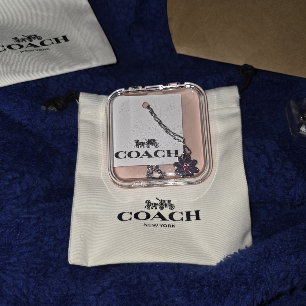 Coach Purple Daisy Pendant Necklace with Pink Crystal Accent - Picture 3 of 5